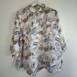 Chico's Womens No-Iron Linen Postal Print 3/4 Sleeve Button-Down Shirt Size 3